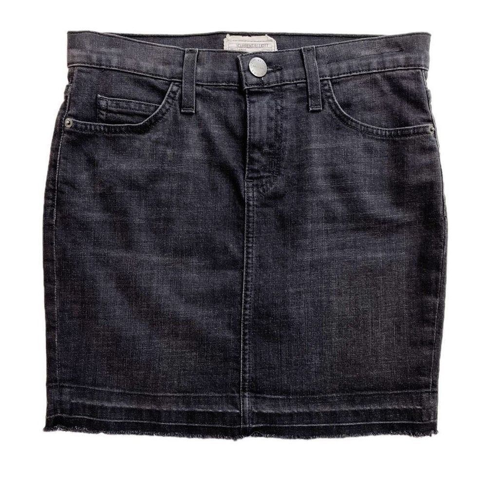Current/Elliott Skinny Mini Denim Skirt Released Hem Drifter Washed Black 24 NWT
